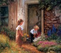 los niños recogen flores